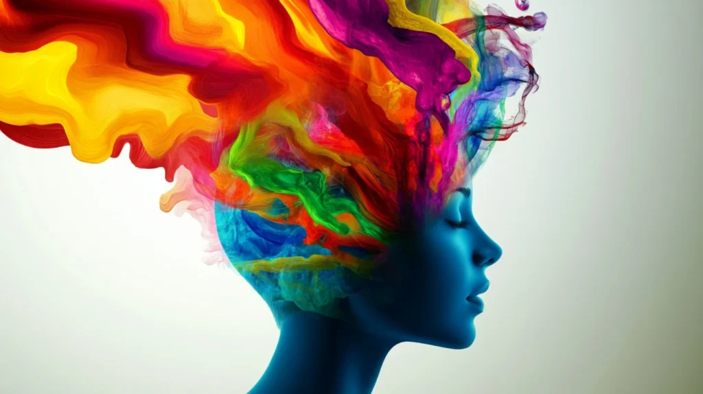 imagen fotorrealista de la cabeza de una persona con formas abstractas coloridas que representan ideas y creatividad