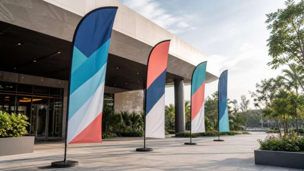 Banderas publicitarias tipo vela instaladas frente a un espacio comercial