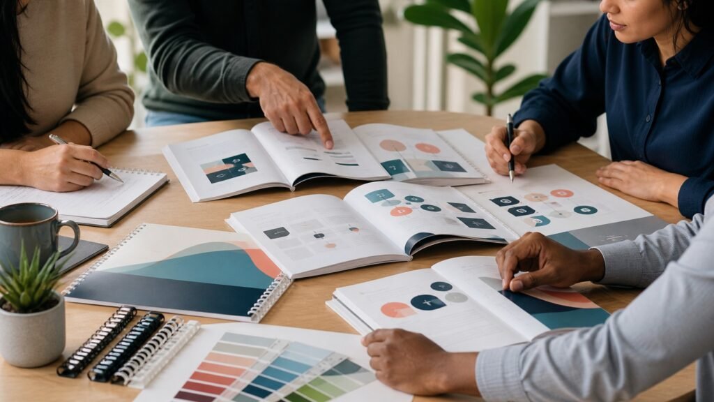 Cartillas de capacitación impresas: guía para empresas y equipos 1 Equipo revisando cartillas de capacitación impresas en una mesa de trabajo