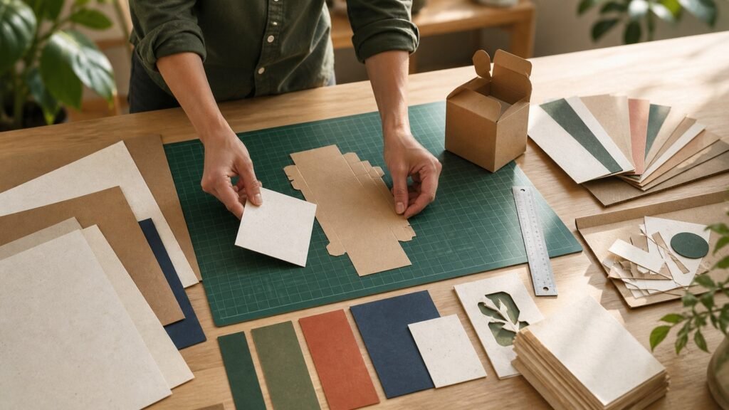 Ecodiseño para piezas impresas: cómo reducir material sin perder impacto 1 Diseñadora organizando papeles y un empaque para aplicar ecodiseño en piezas impresas