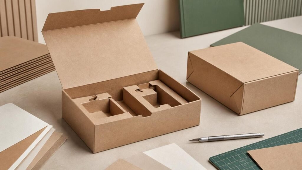 Empaques monomaterial: cómo diseñar packaging más fácil de reciclar 1 Empaques monomaterial de cartón con divisores integrados en mesa de diseño