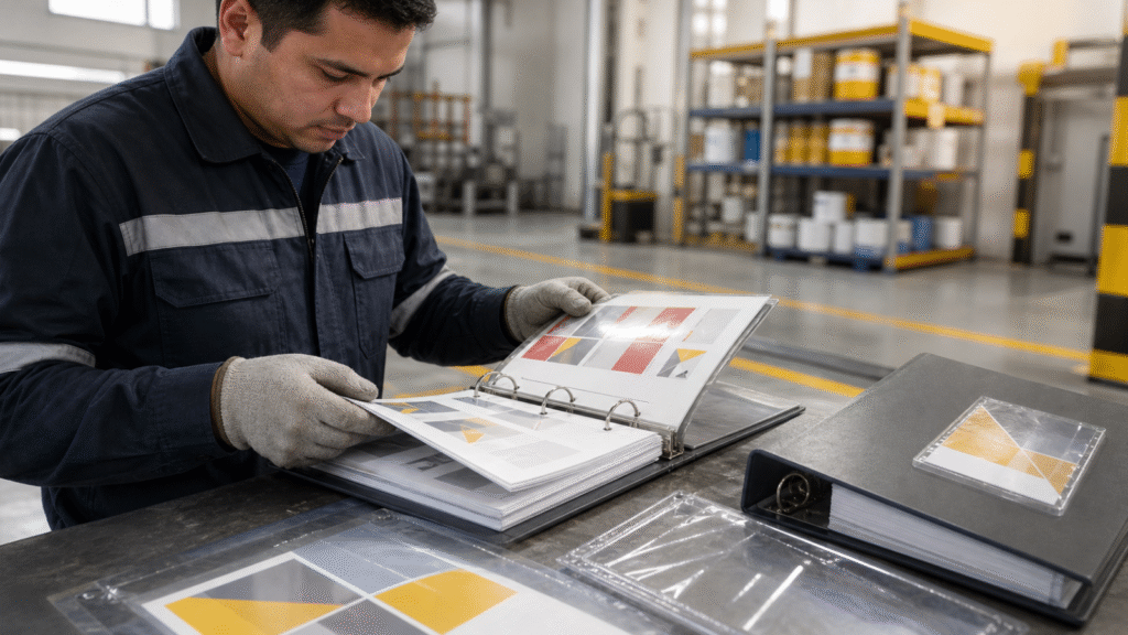 Trabajador consultando hojas de datos de seguridad impresas en una planta industrial