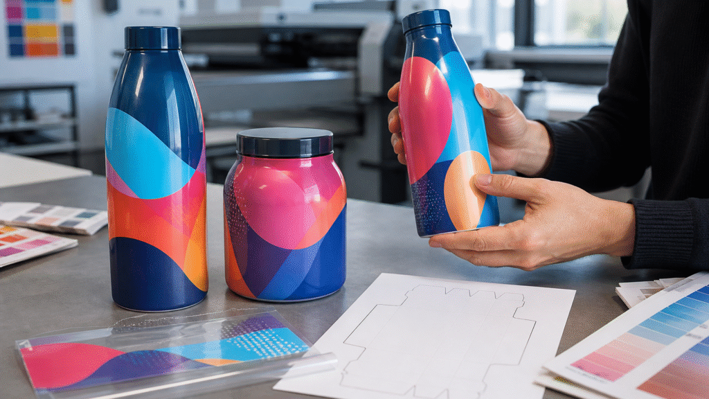 Envases con mangas termoencogibles de diseño abstracto en un estudio de packaging