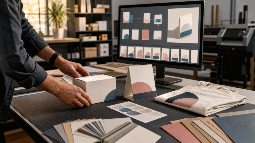 Profesional validando mockups con inteligencia artificial para piezas impresas