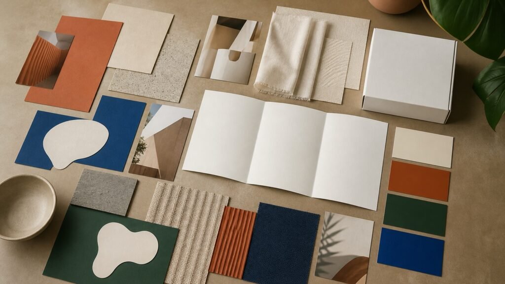 Moodboard para una campaña impresa: cómo alinear diseño, materiales y acabados 1 Moodboard para campaña impresa con papeles, textiles, colores y empaque