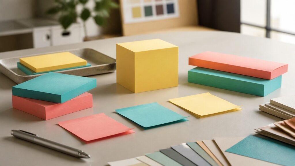 Notas adhesivas personalizadas para empresas: guía para crear un promocional útil 1 Notas adhesivas personalizadas en varios colores sobre un escritorio creativo