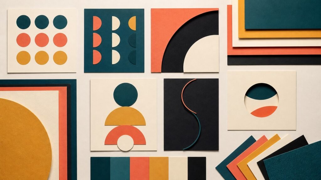 Composiciones geométricas impresas que representan principios Gestalt en diseño gráfico
