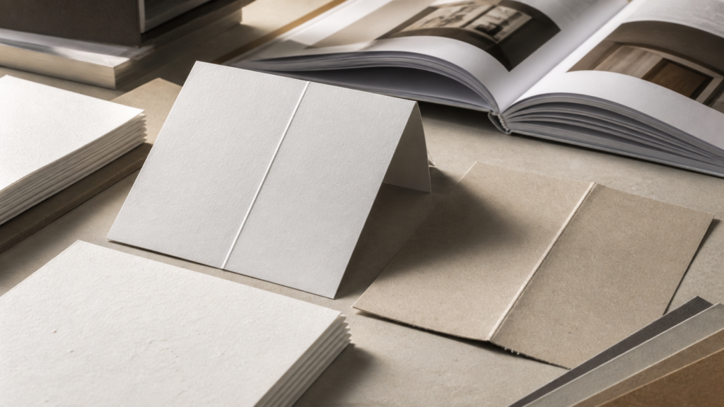 Muestras de papel plegado y catálogo abierto que ilustran el sentido de fibra del papel