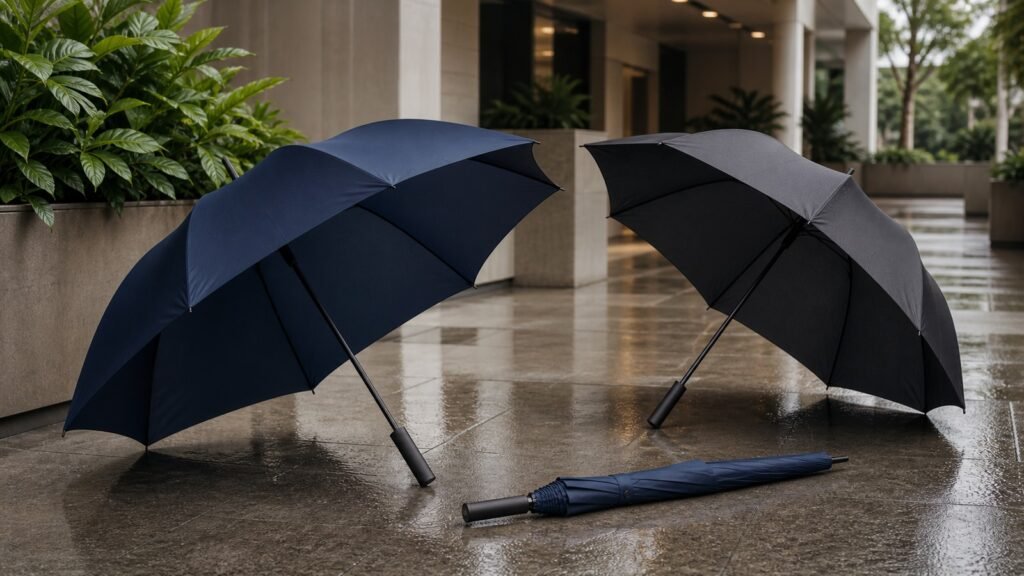 Sombrillas corporativas personalizadas en una entrada empresarial después de la lluvia
