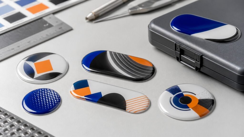 Stickers resinados personalizados con acabado doming sobre mesa de trabajo