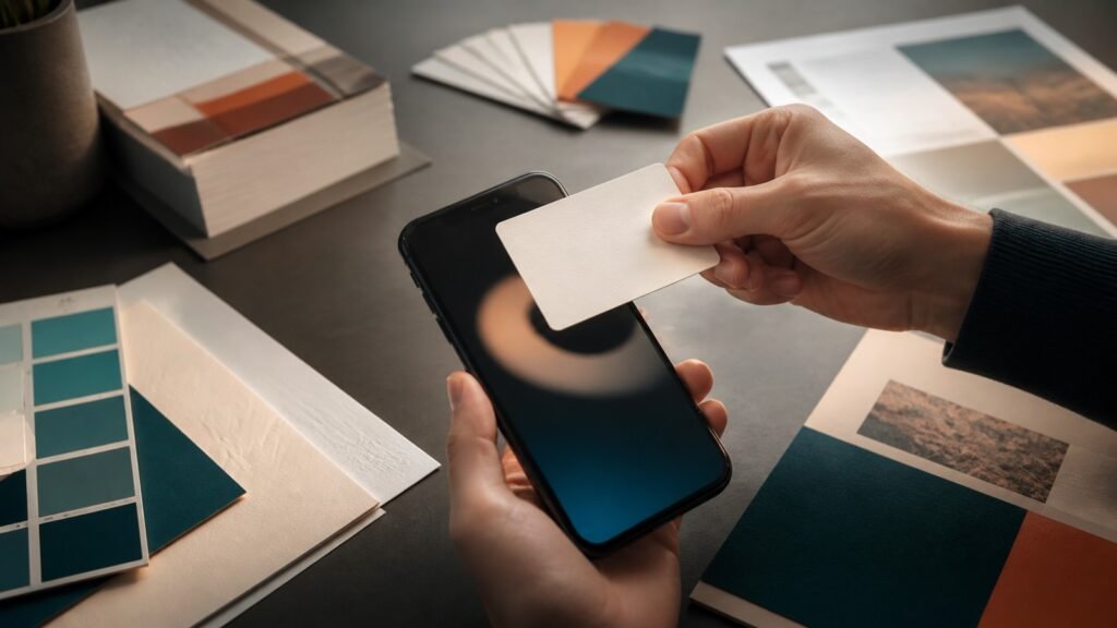 Tarjeta NFC para empresas acercándose a un celular sobre mesa de diseño gráfico