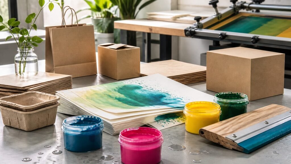 Tintas base agua junto a papeles y empaques en un taller de impresión