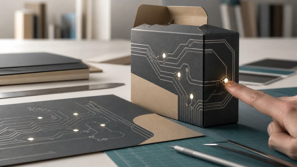 Tintas conductivas en impresión: qué son y cómo crean experiencias interactivas 1 Empaque y papel impresos con circuitos de tinta conductiva y luces LED