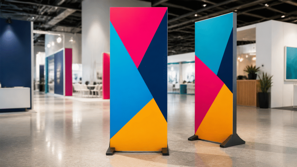 Tótems publicitarios: guía para destacar tu marca en eventos y puntos de venta 1 Tótems publicitarios autoportantes en un espacio de eventos y punto de venta