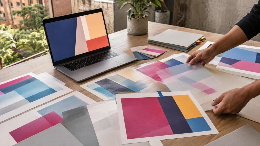 Control de versiones de archivos de diseño: evita imprimir el arte equivocado 1 Equipo organizando pruebas impresas para controlar versiones de archivos de diseño
