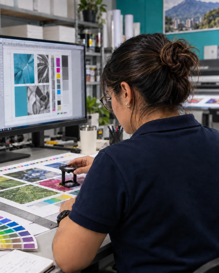 Trabajos realizados 14 Diseñadora de preprensa revisando una prueba de color y archivos de impresión en Litocreativos