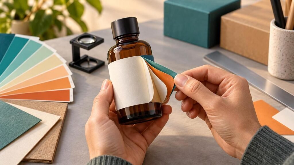 Etiqueta multicapa peel-off abierta sobre un envase pequeño
