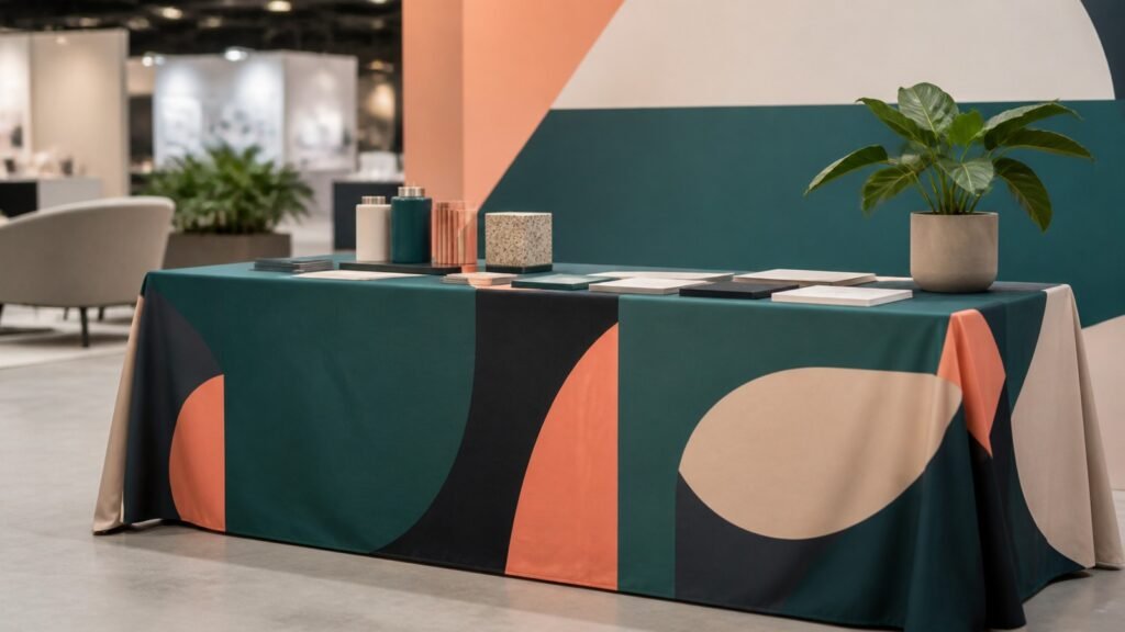 Manteles publicitarios personalizados: guía para convertir mesas en puntos de venta 1 Mantel publicitario personalizado en una mesa de exhibición empresarial