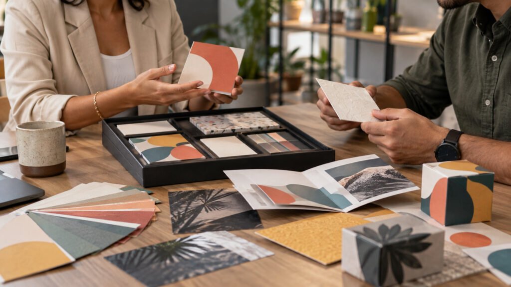 Profesionales revisando muestras impresas para ventas B2B en un kit comercial