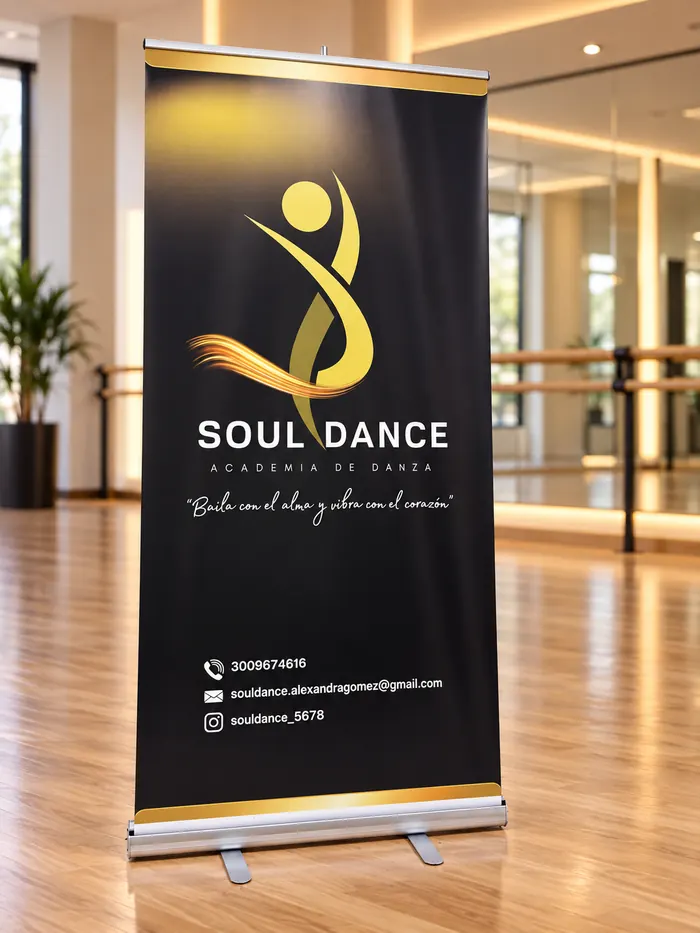 Pendones 8 Pendón roll-up negro y dorado para academia de baile