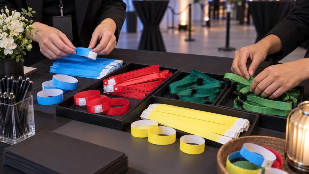 Pulseras personalizadas para eventos: guía para controlar accesos y reforzar tu marca 1 Pulseras personalizadas de varios materiales organizadas para el control de acceso en eventos