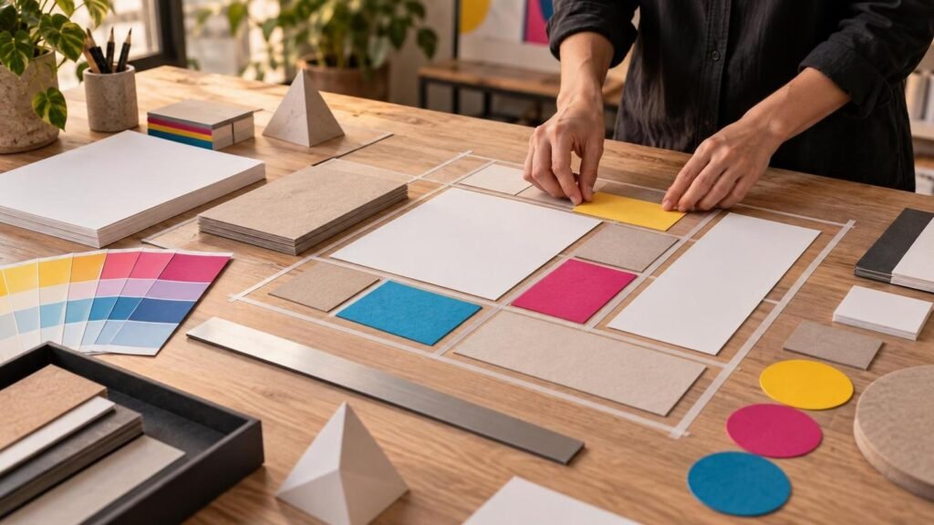 Restricciones creativas en diseño impreso: cómo lograr ideas más fuertes con límites claros 1 Mesa creativa con muestras de papel y composición gráfica para diseño impreso