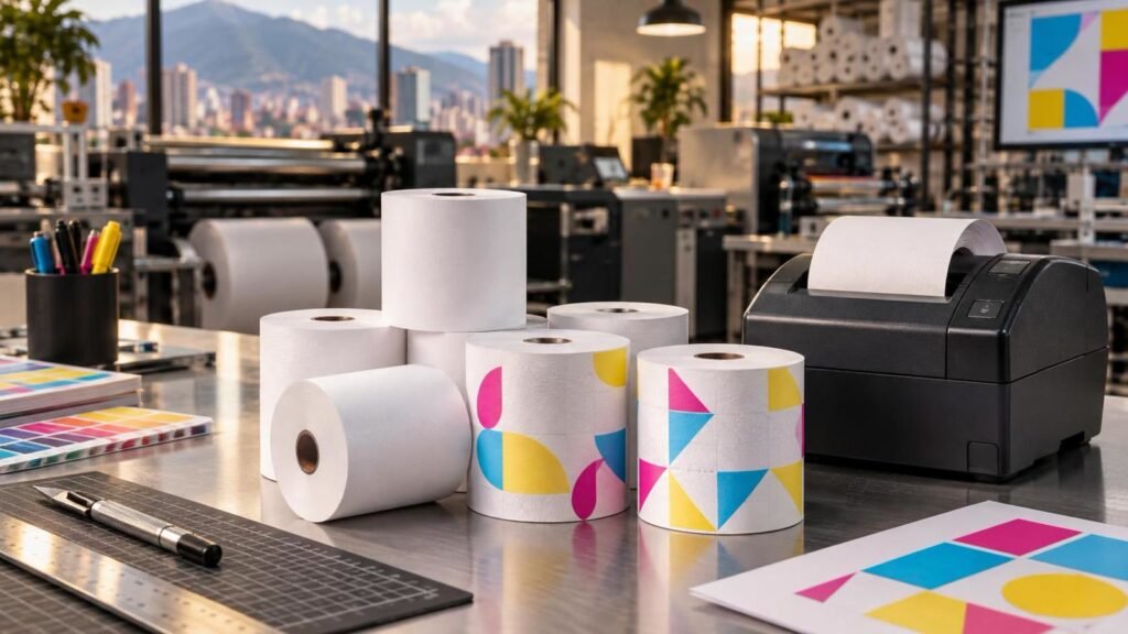 Rollos de papel térmico personalizados: guía para negocios 1 Rollos de papel térmico personalizados junto a una impresora de punto de venta