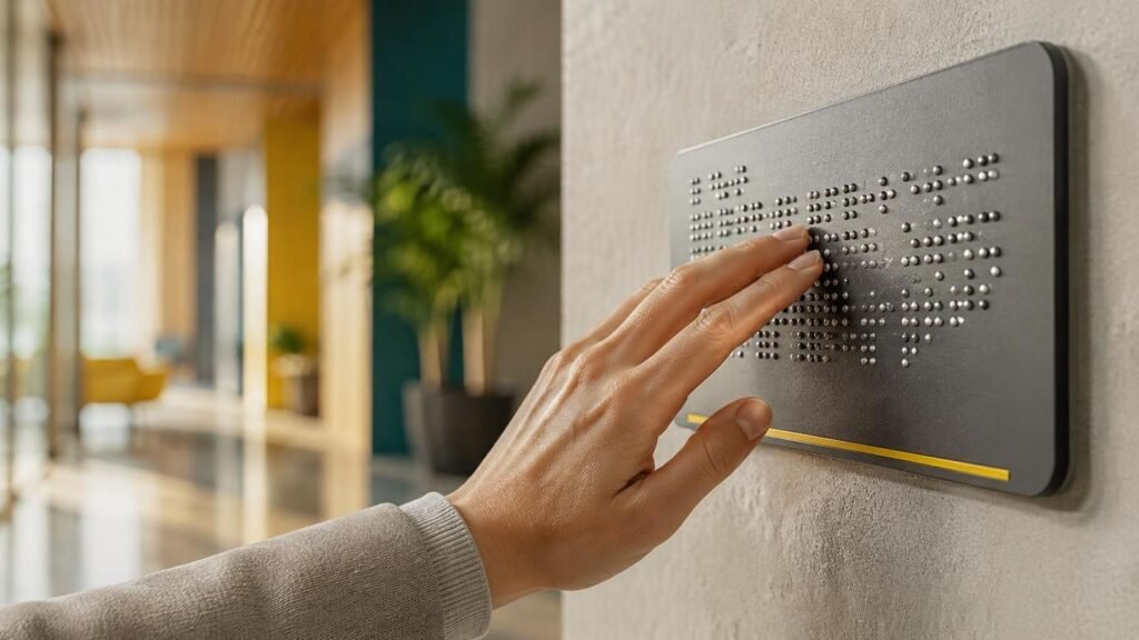 Señalización braille para empresas: guía para espacios más accesibles 1 Mano leyendo puntos braille en una placa de señalización accesible para empresas