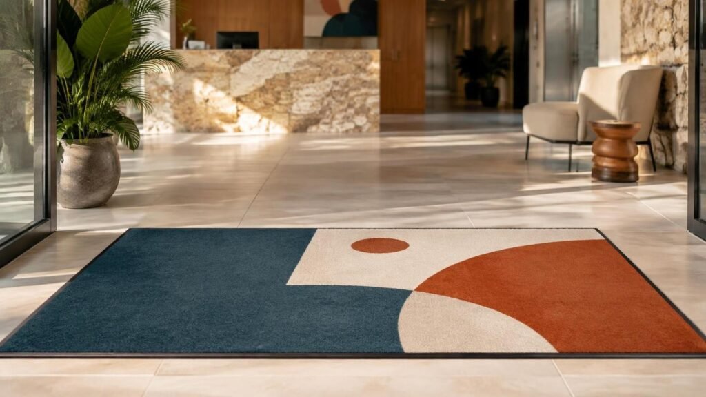 Tapetes publicitarios personalizados: guía para recibir clientes con una marca memorable 1 Tapete publicitario personalizado en la entrada de una empresa