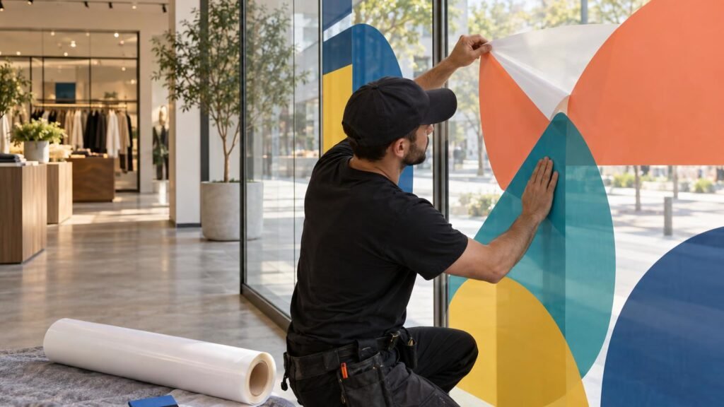 Instalación profesional de vinilos removibles para campañas temporales en una vitrina